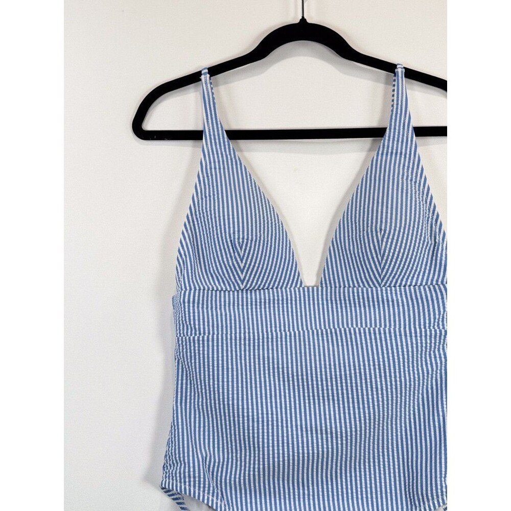 J Crew Womens Swimsuit Blue Seersucker Plunge V Neck Flattering One Piece Size 8 - Picture 6 of 9